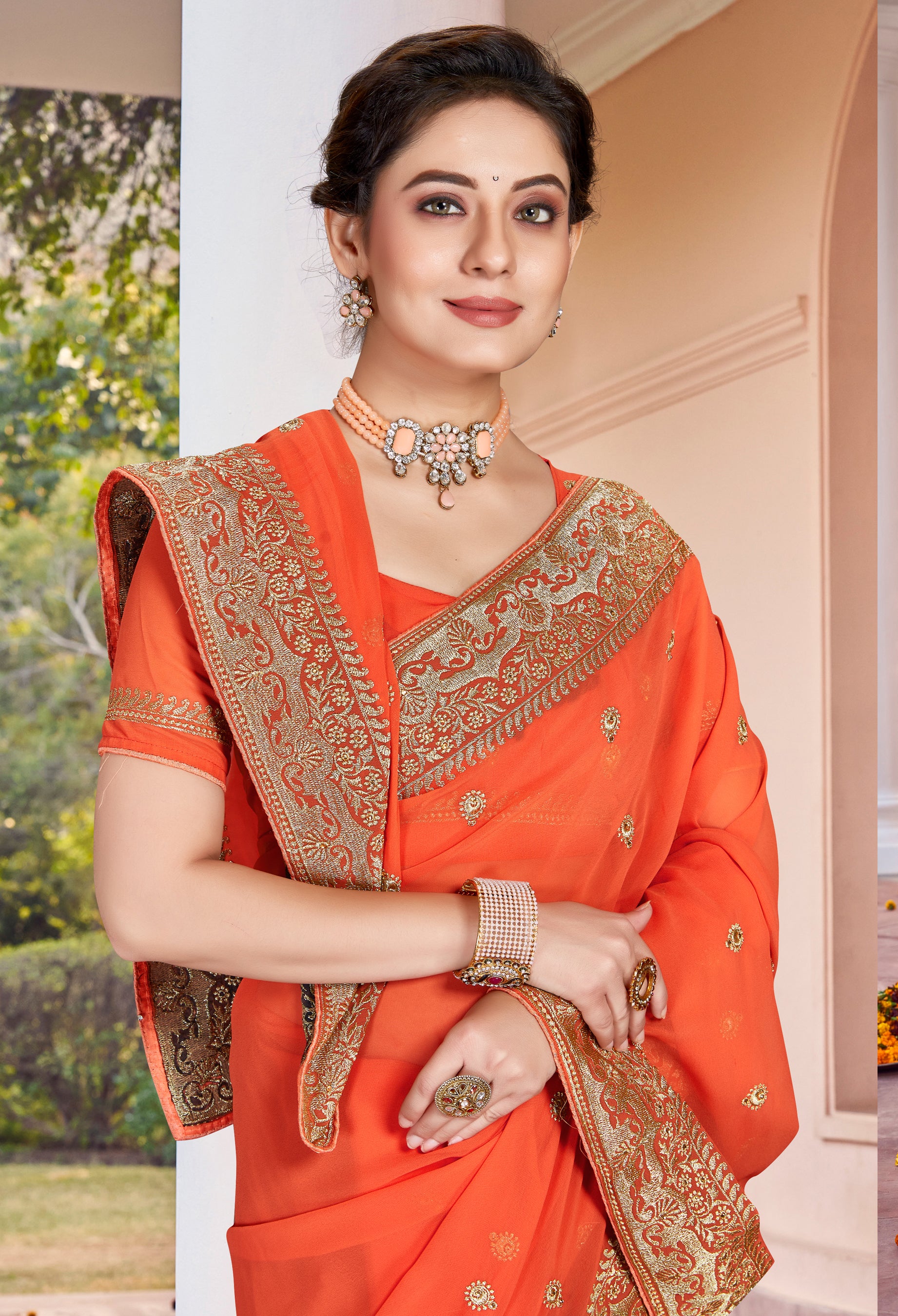 Dusty Peach Heavy Jari Stone Work Ready-to-Wear Saree