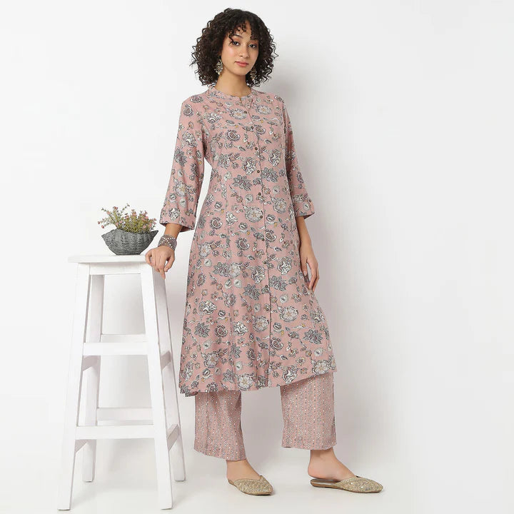 Floral Print Calf Length A-Line Kurta With Pant Set | Ready To Wear