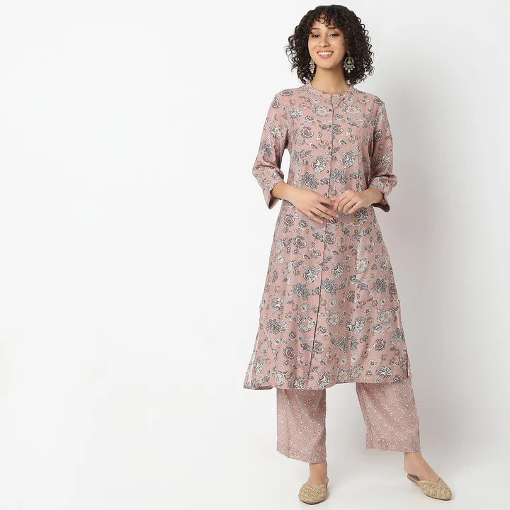 Floral Print Calf Length A-Line Kurta With Pant Set | Ready To Wear