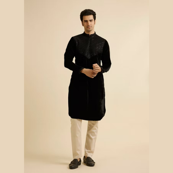 Manyawar Elegant Black Velvet Kurta Pajama