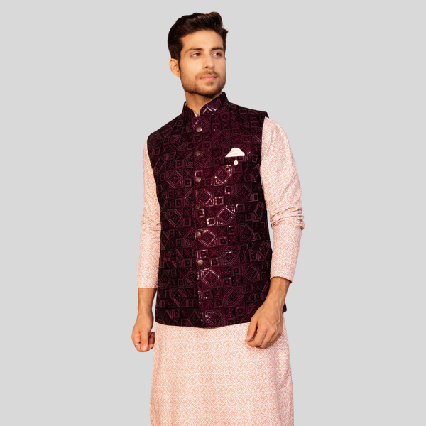 Embroidery Velvet Waist Coat For Men | Purple Color