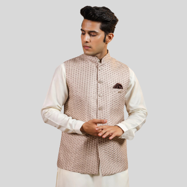 Embroidery Waist Coat For Men | Peach Color