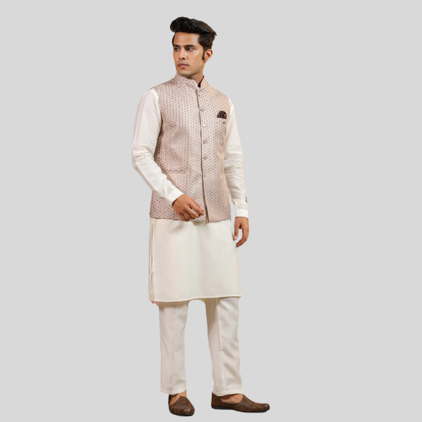 Embroidery Waist Coat For Men | Peach Color