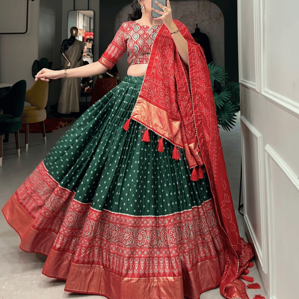 Exquisite Bandhani Print Chaniya Choli with Intricate Ajrakh Patterns and Foil Lacework