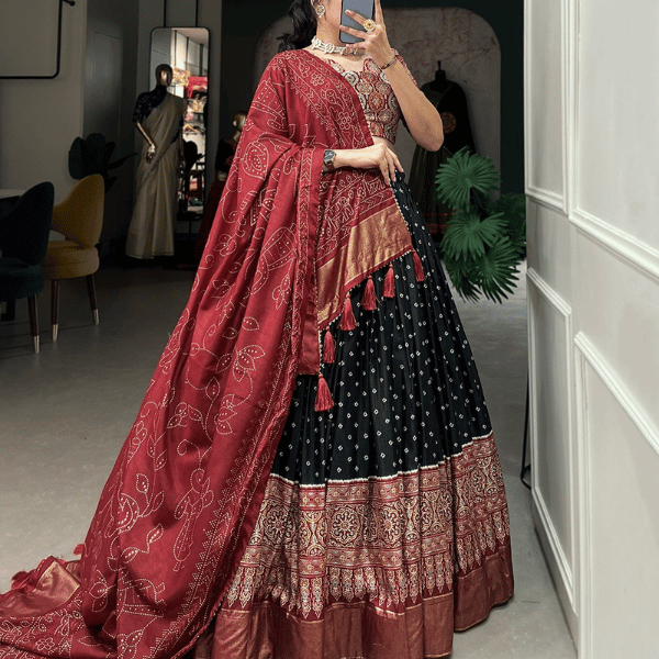 Exquisite Bandhani Print Chaniya Choli with Intricate Ajrakh Patterns and Foil Lacework