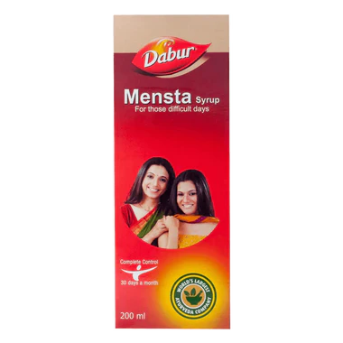 Dabur Mensta Syrup packaging with two women on a red background