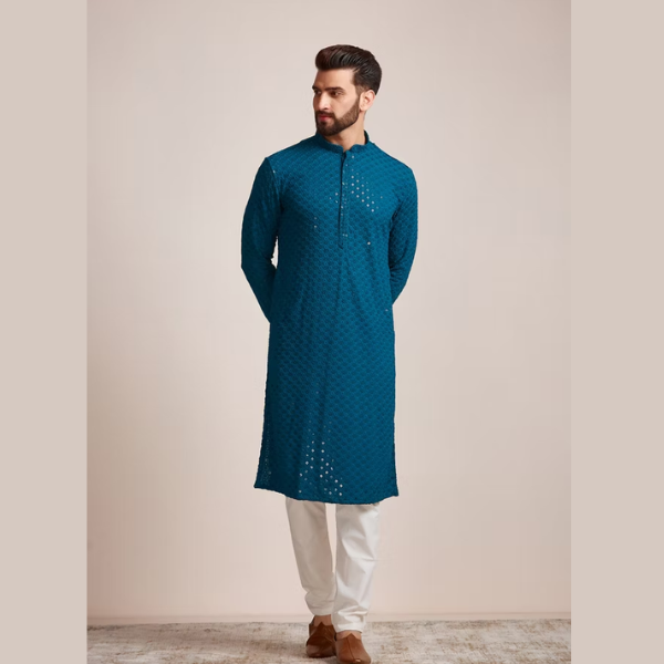 Manyawar Sequin Embellished Chikankari Kurta Set - India shopping