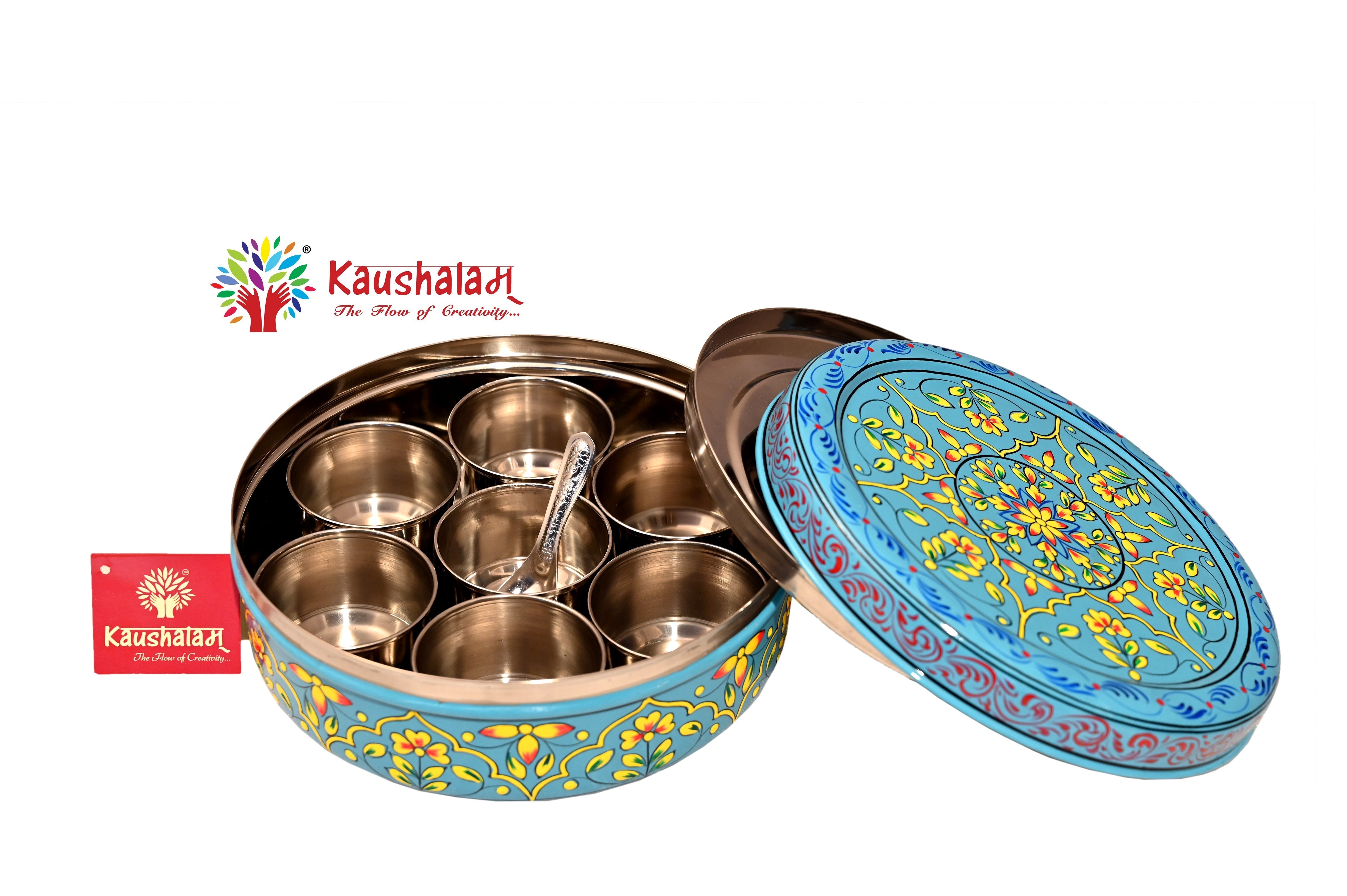 Hand Painted Spice Box - Turquoise Masala Box, Spice Containers, Indian Masala Daani