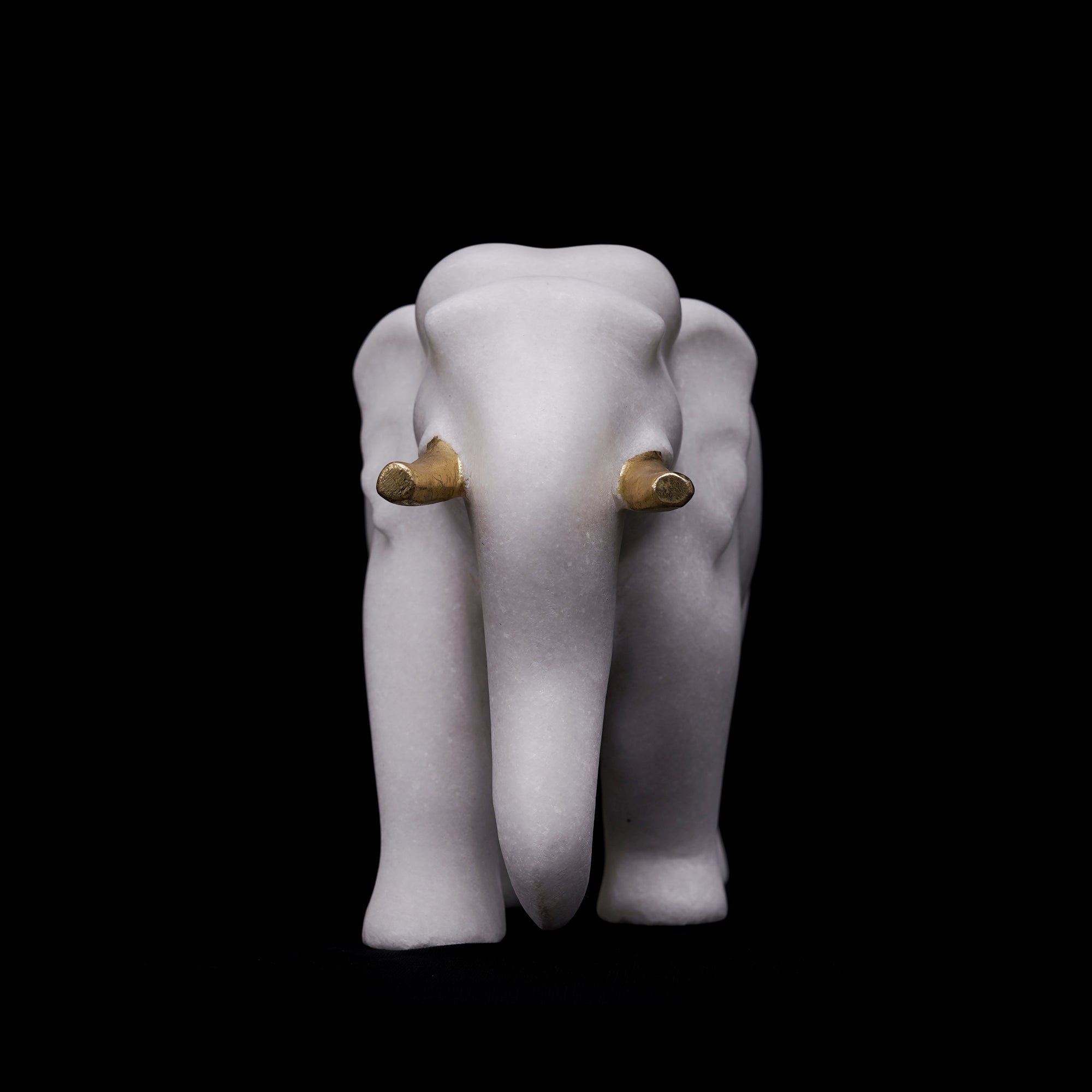 Vietnam Marble White Marble Elephant with Golden Tusks (Medium, 12 inches) - 12 x 16 x 8 Inch