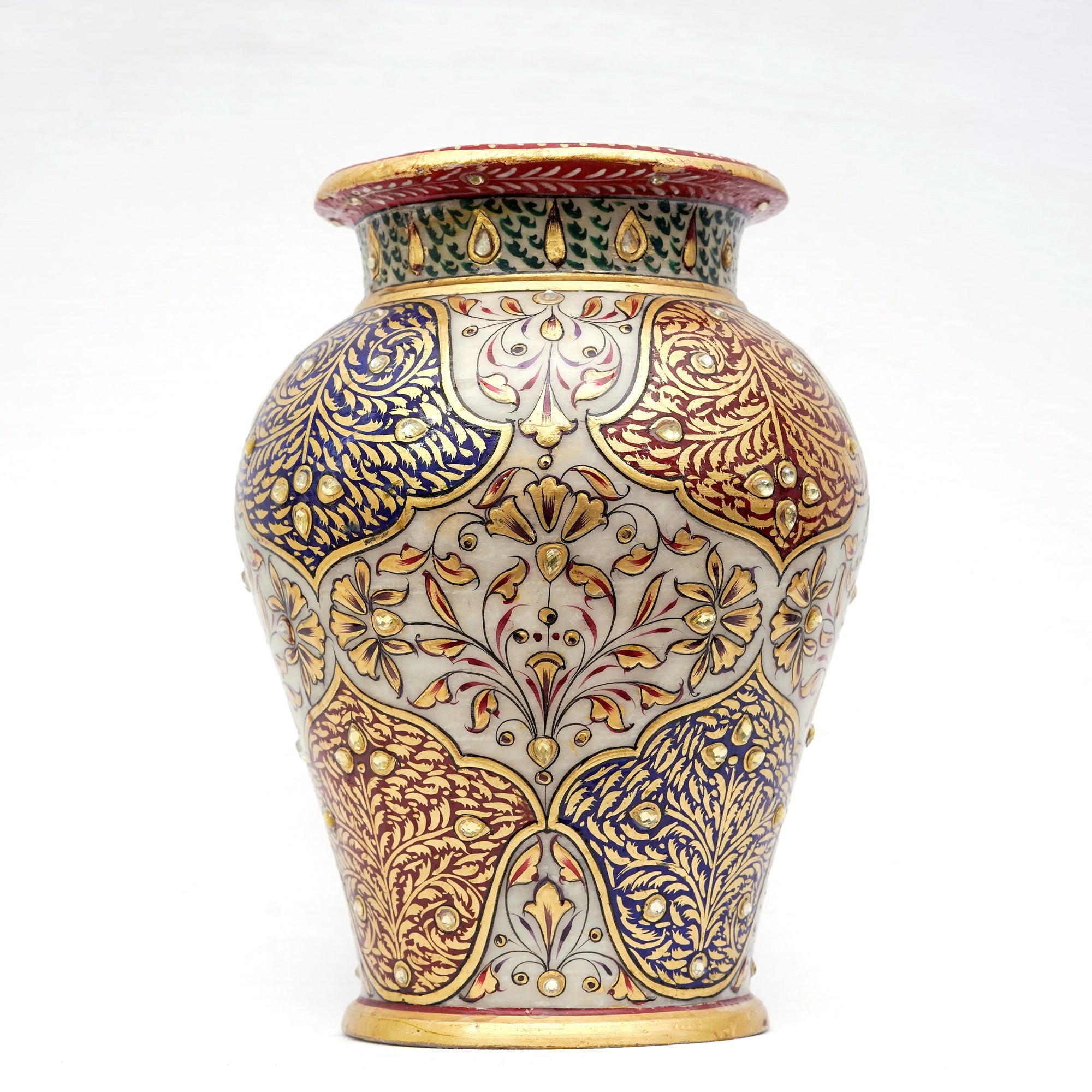 Home Decor Vase Round Necked shaped Minakari Handpainted Marble Vase Studded With kundan And Gold Finish - 10 x 6 x 6 inches