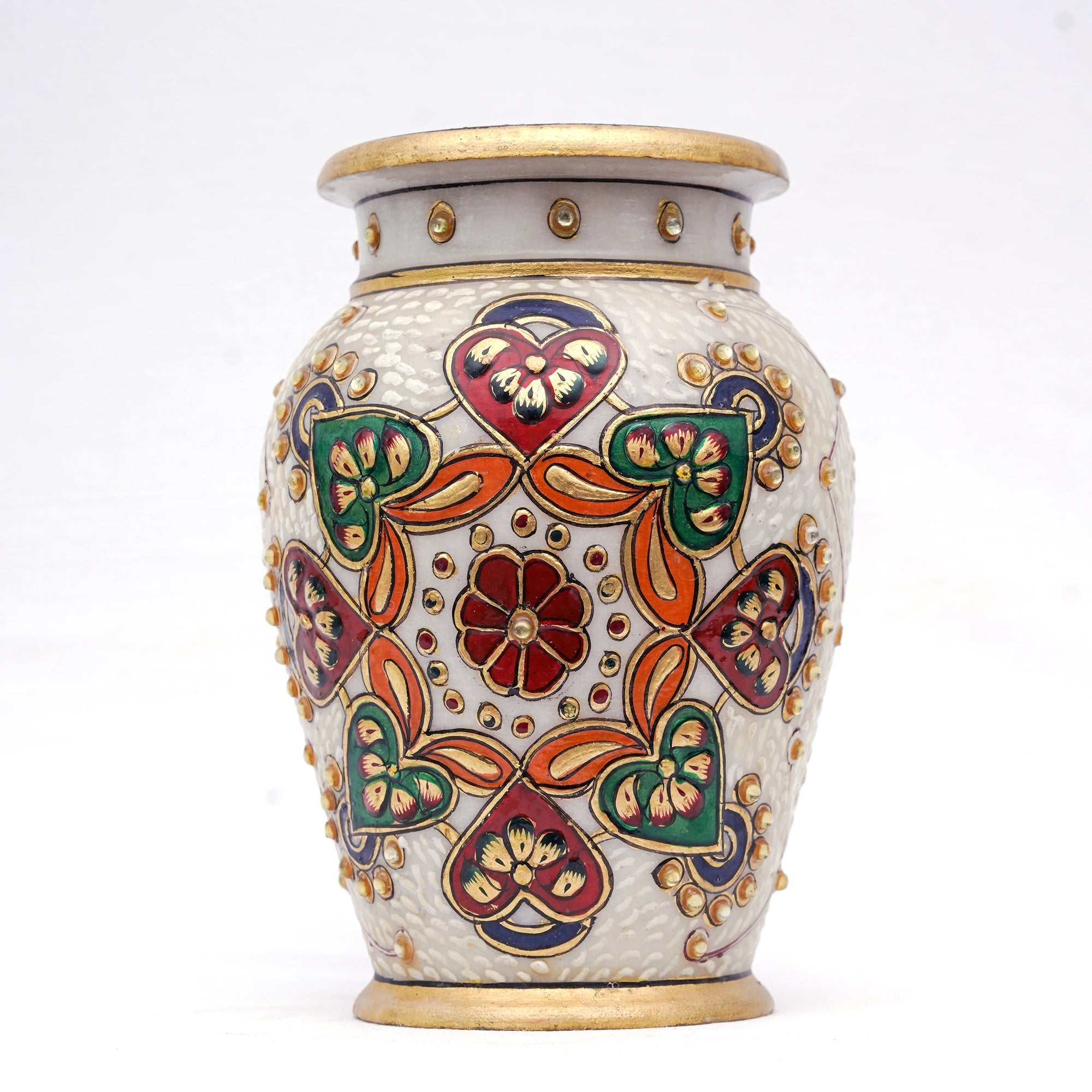 Designer Wide Short Necked Marble Vase Round shaped Minakari Red Flower Handpainted Vase - 9 x 6 x 6 inches