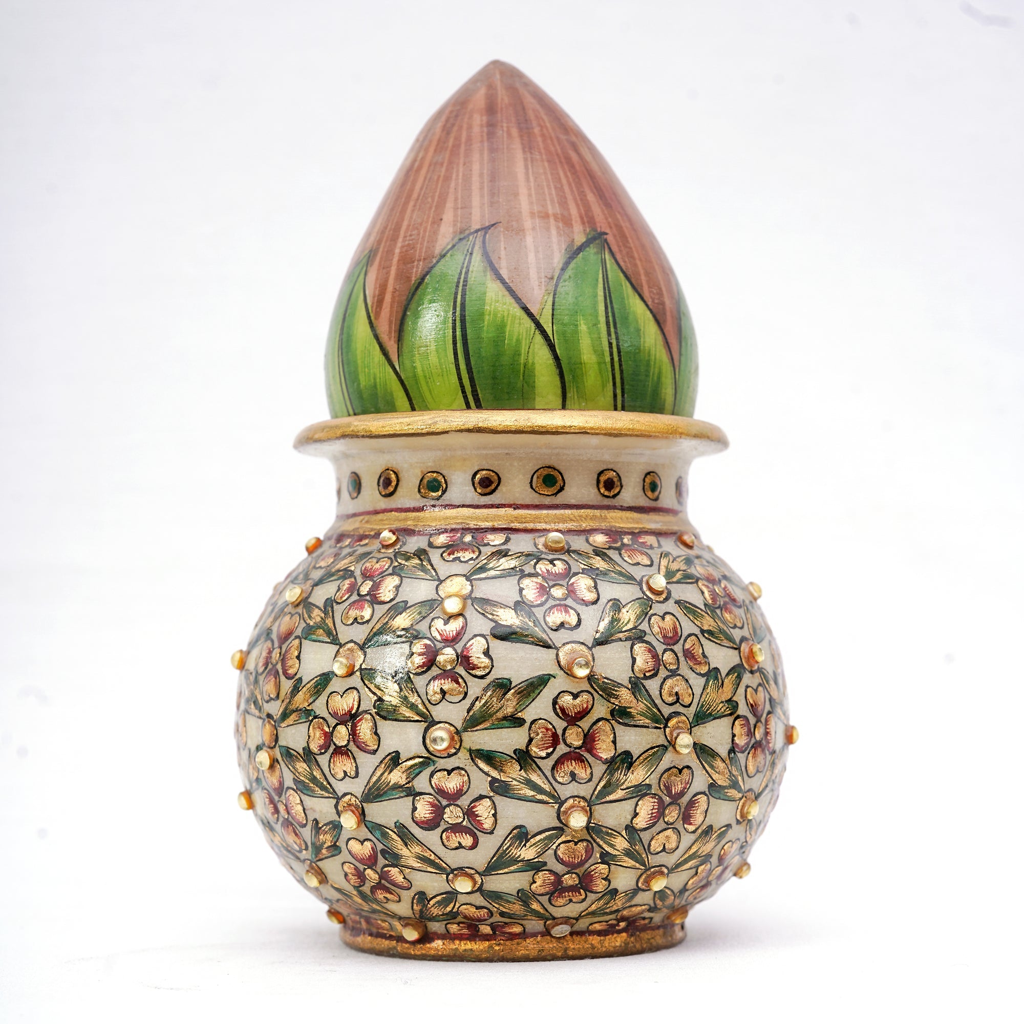 Marble Kalash With Coconut And Green Leaves Round Shaped Minakari Handpainted Kalash For Home Decoration - 6 x 4 x 4 inches