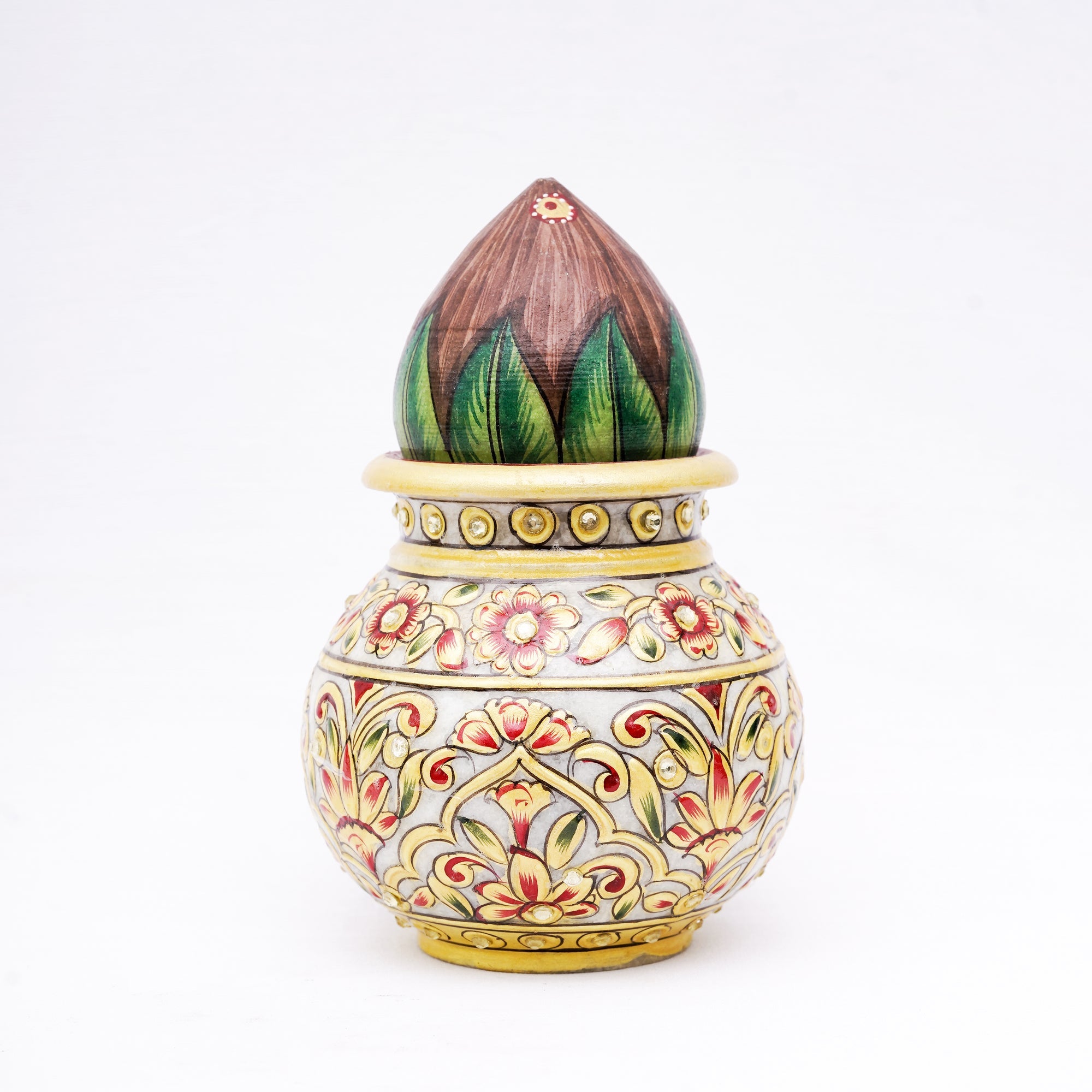 Marble Kalash with Coconut and Green Leaves Round Shaped Handpainted Kalash For Home Decoration - 6 x 4 x 4 inches