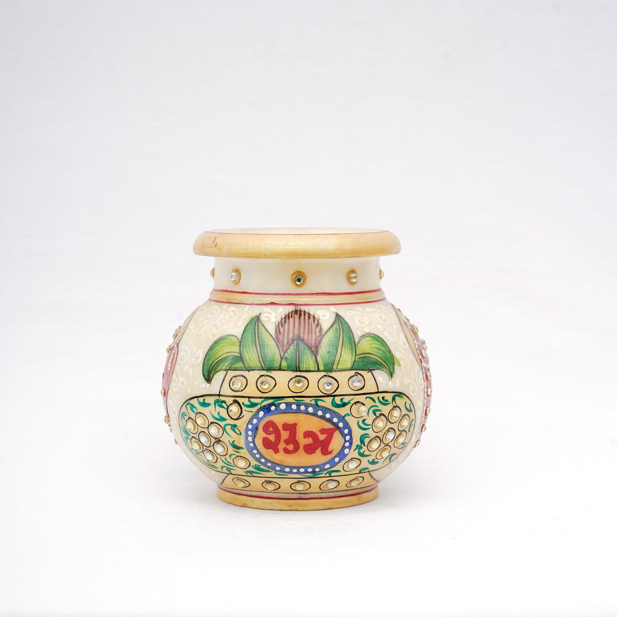 Small White Marble Vase Round Shaped Minakari Handpainted Vase with Kundan Stonework for Decoration - 4 x 3 x 3 inches