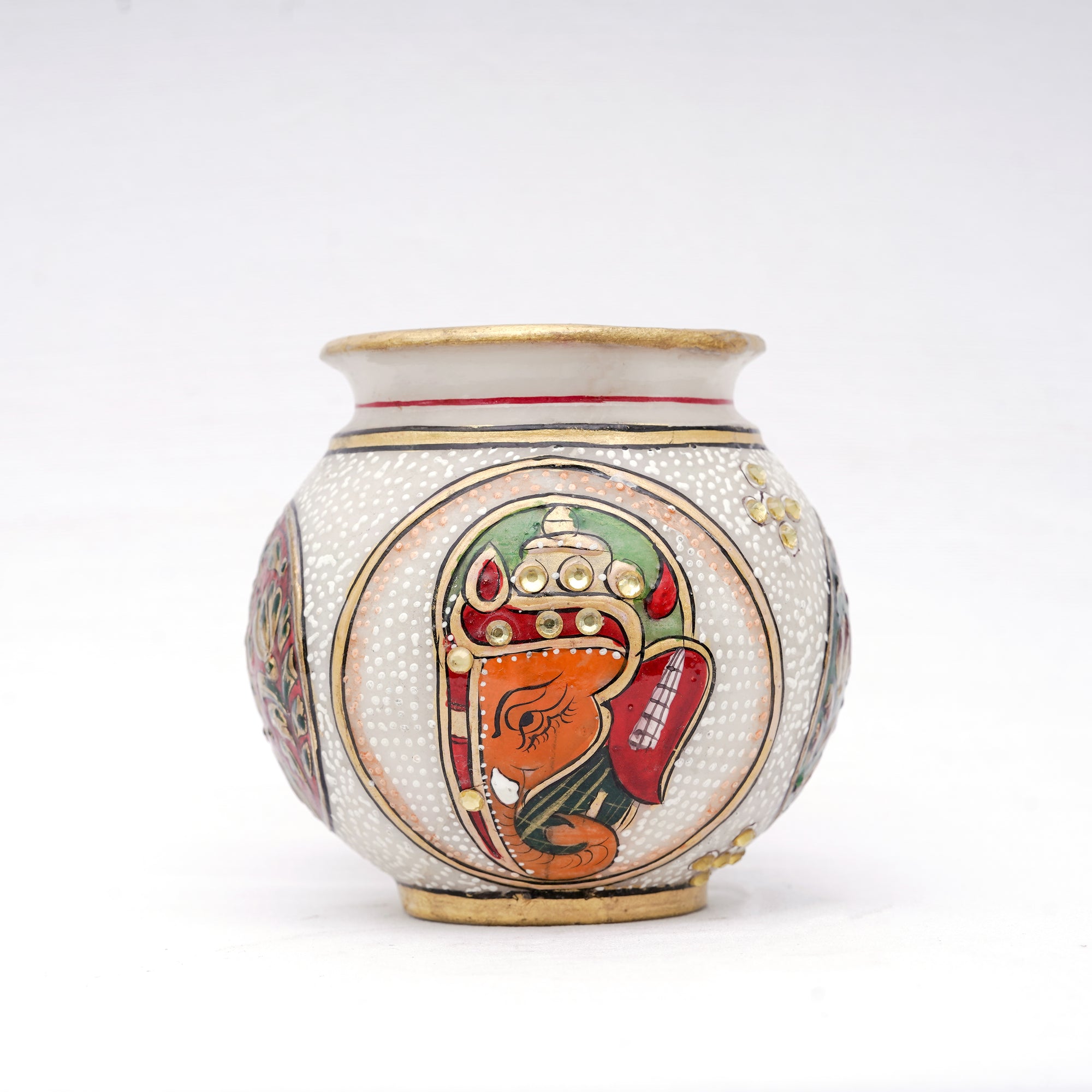 Designer Small White Marble Vase Round Shaped Minakari Handpainted Vase With Kundan Stonework Ganesh And Flower Work Vase For Home Decoration - 4 x 3 x 3 inches