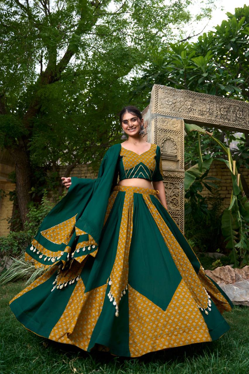 Mustard & Green Cotton Chaniya Choli