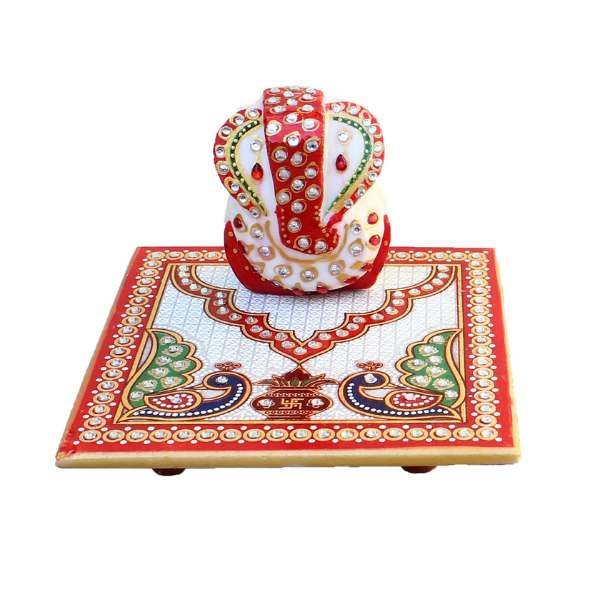 Crafticia Marble Ganesha Idol on Chowki | Showpiece