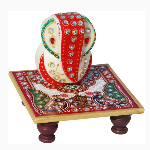 Marble Intricate Floral Painted Chowki