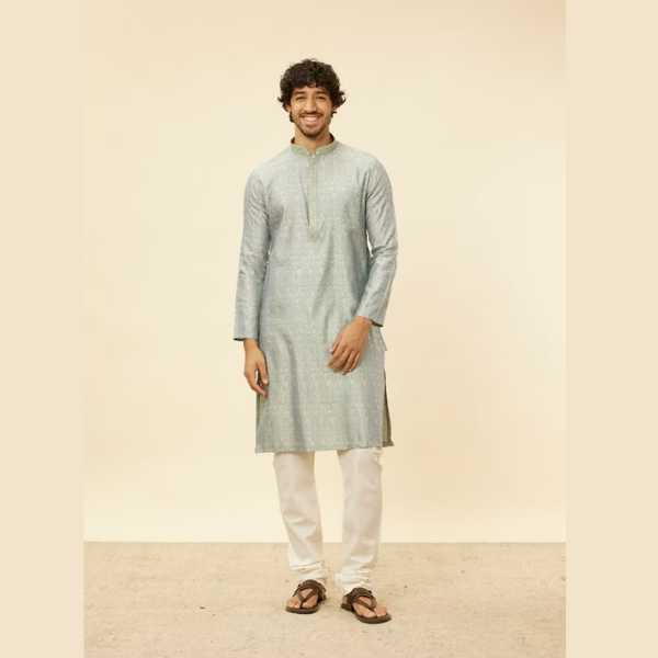 Manyawar Glacier Grey Bel Buti Patterned Kurta Set