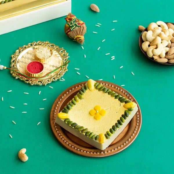 Gold Kaju Katli, Rajputana Rakhi, and Dry Fruit Combo