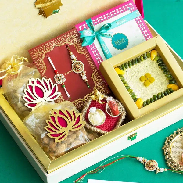 Gold Kaju Katli, Rajputana Rakhi, and Dry Fruit Combo