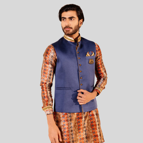 Golden Blue Plain Jodhpuri Jacket with Kurta Pajama Set | Traditional Wear