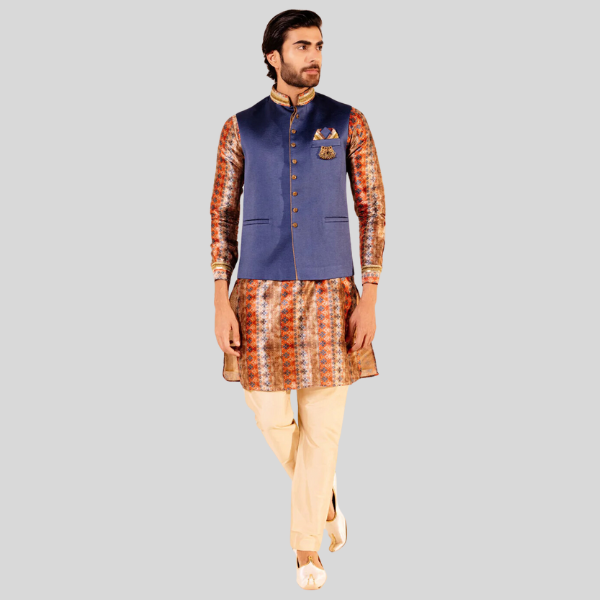 Golden Blue Plain Jodhpuri Jacket with Kurta Pajama Set | Traditional Wear