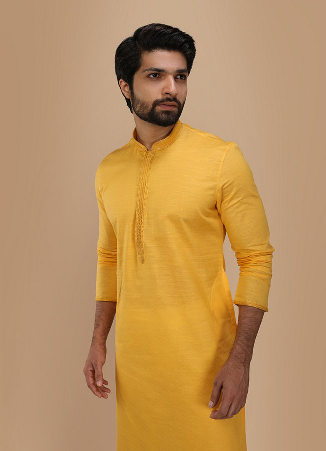 Manyawar Canary Yellow Solid Kurta Set - India shopping