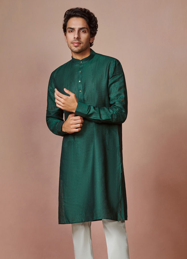 Manyawar Bottle Green Self Striped Kurta