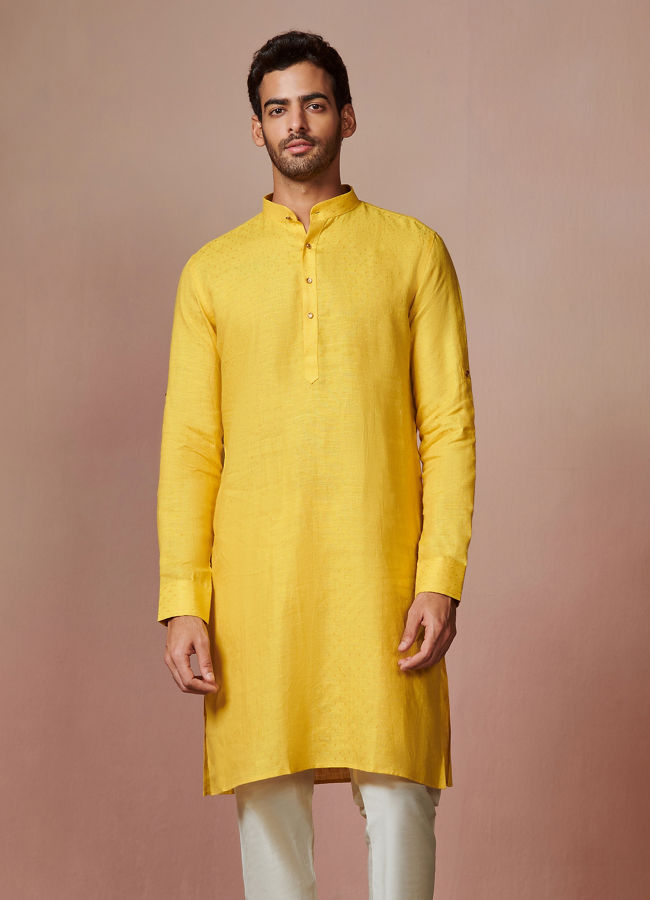 Manyawar Mustard Yellow Self Design Kurta