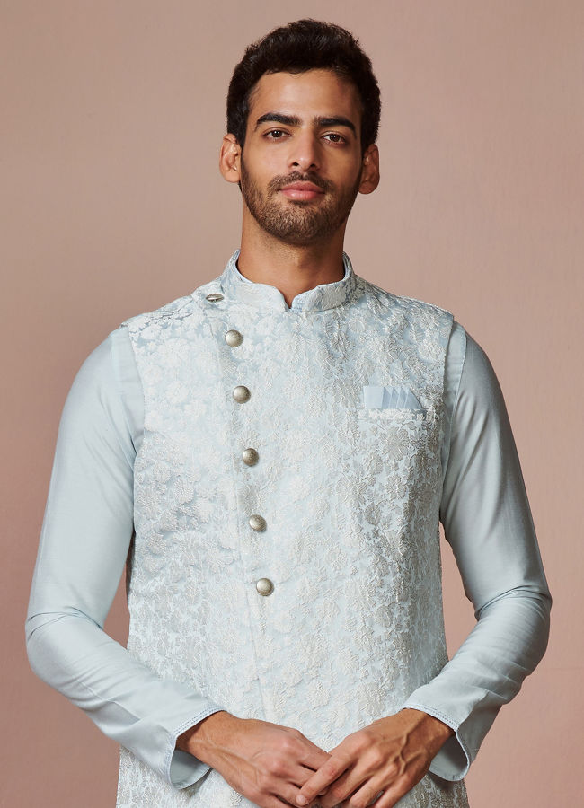 Manyawar Powder Blue Self Design Kurta Jacket Set