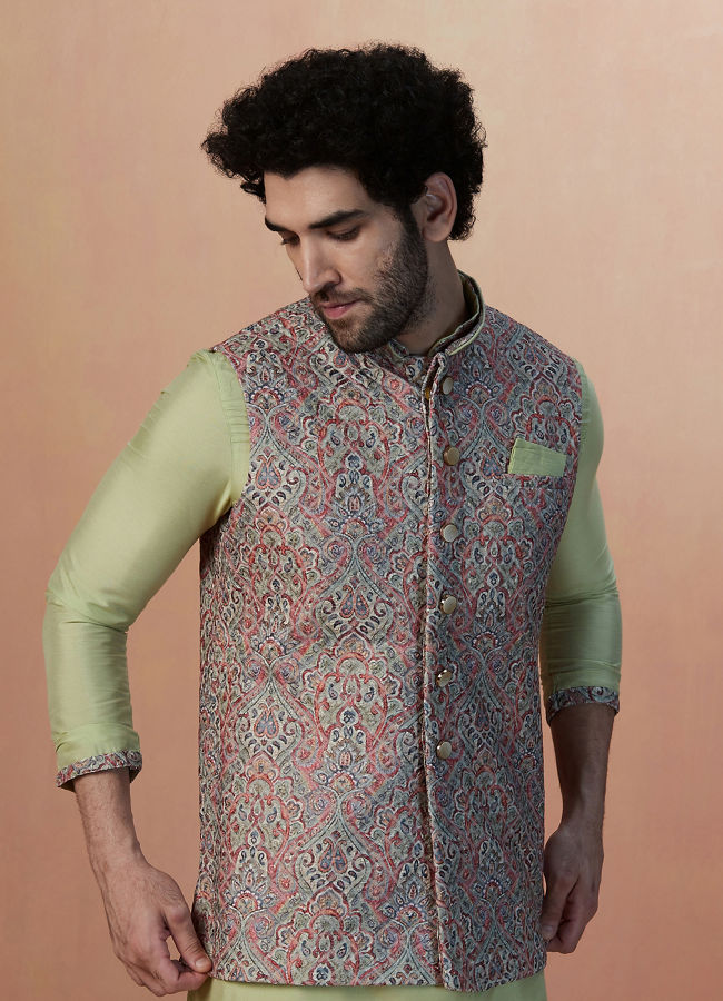 Manyawar Multicolored Jacket With Lime Green Kurta Set