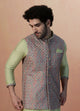 Manyawar Multicolored Jacket With Lime Green Kurta Set