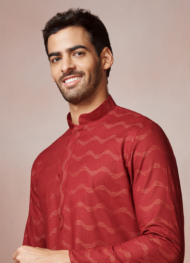 Manyawar Maroon Wave Patterned Printed Kurta