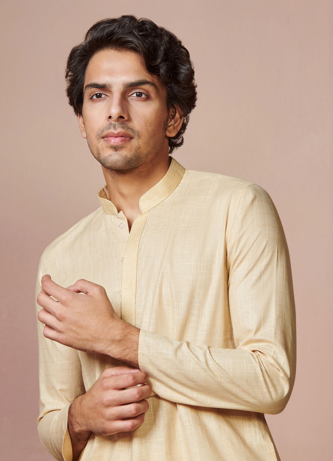 Manyawar Biscuit Plain Cotton Kurta With Embroidered Collar