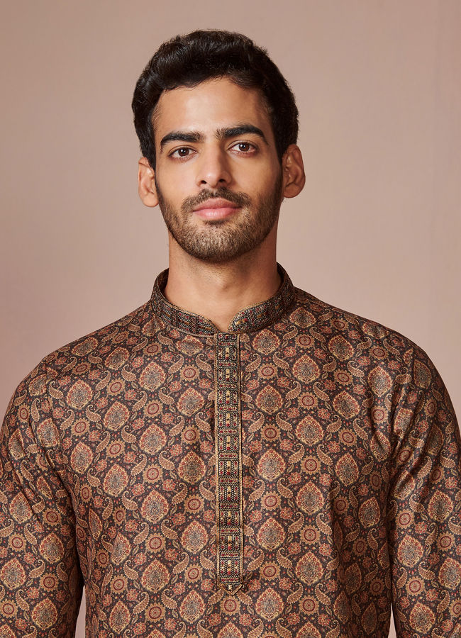 Manyawar Dark Brown Printed Kurta - India shopping