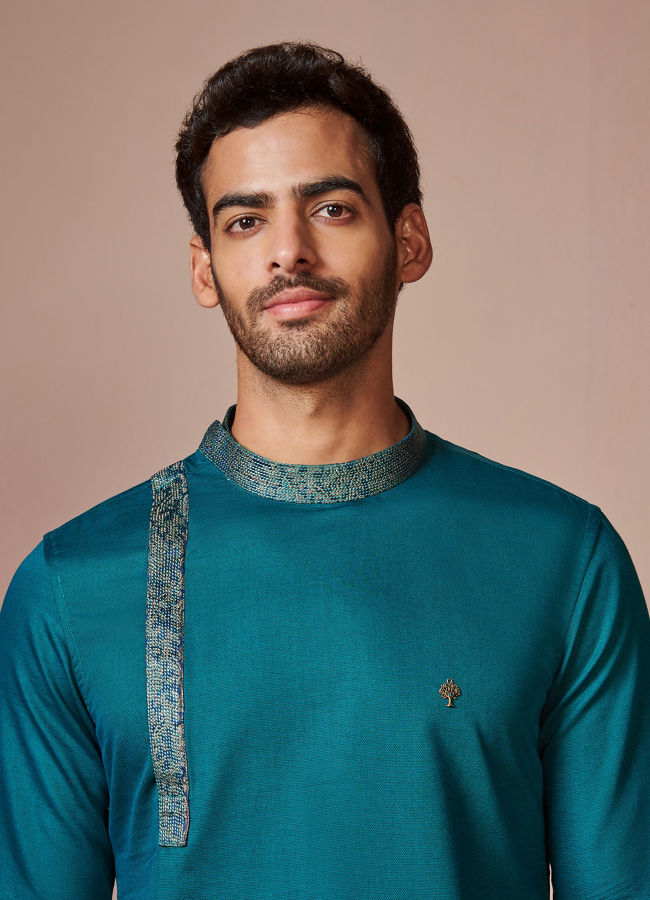 Manyawar Dark Green Side Open Kurta