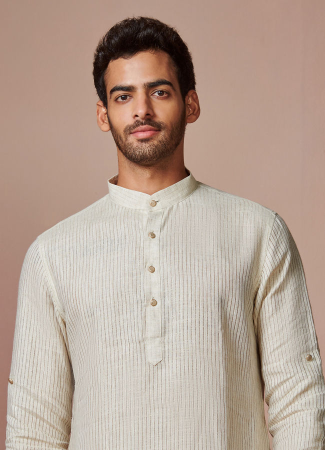 Manyawar Light Cream Self Striped Kurta