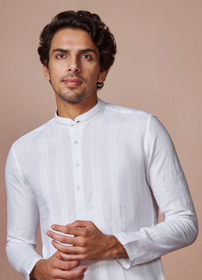 Manyawar White Self Striped Kurta