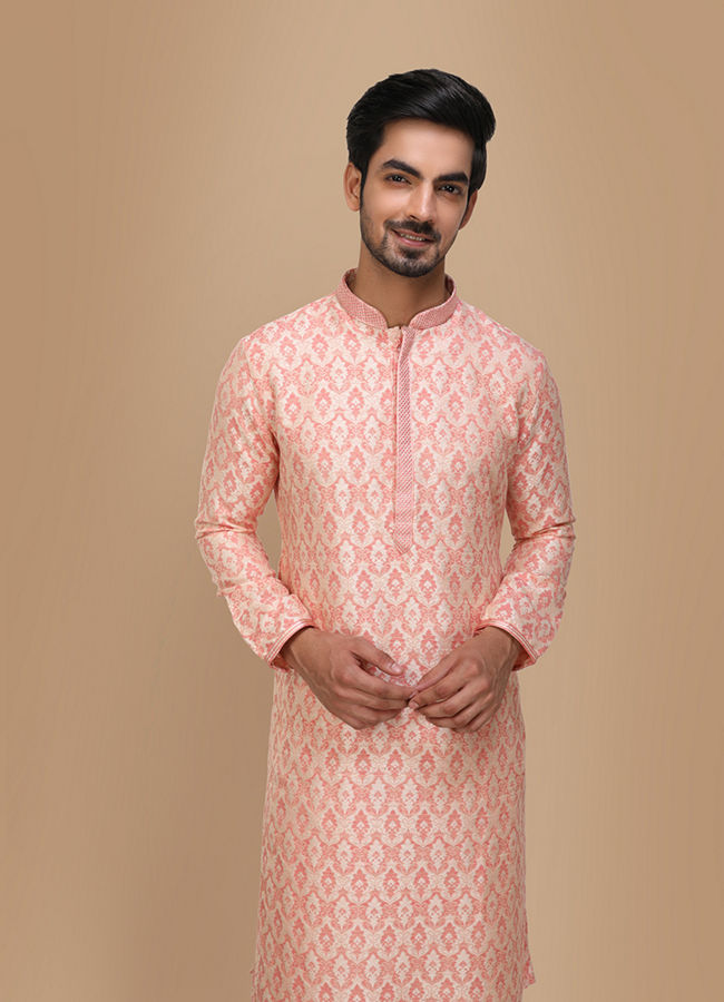 Manyawar Peach Jacquard Kurta Set