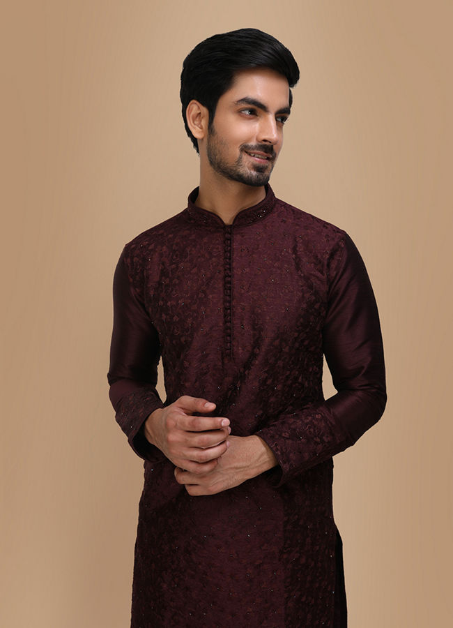 Manyawar Plum Thread Embroidered Kurta Set - India shopping