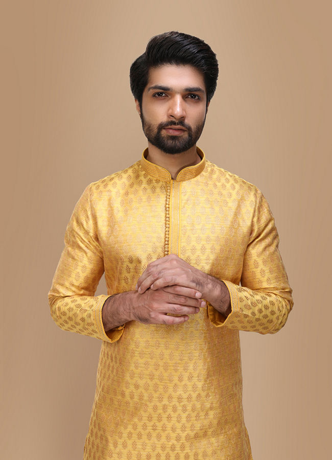 Manyawar Yellow Jacquard Kurta Set