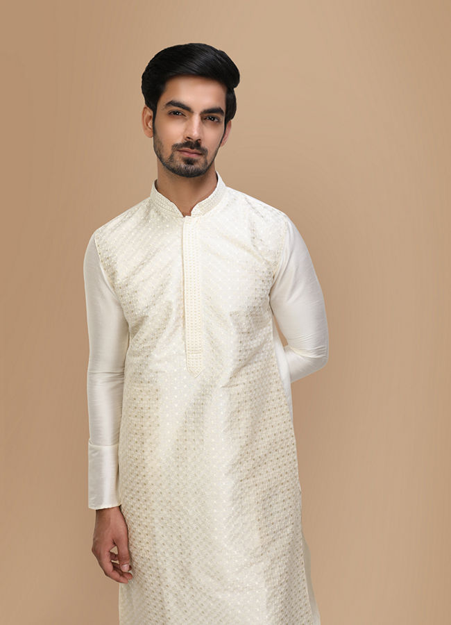 Manyawar Off White Self Design Kurta Set