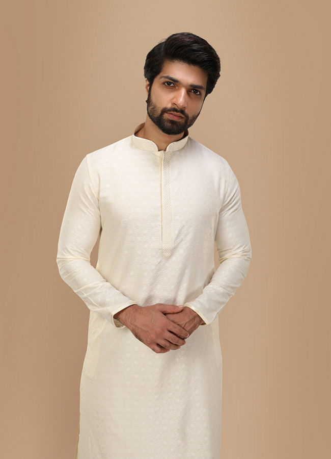 Manyawar Off White Self Embossed Kurta Set - India shopping