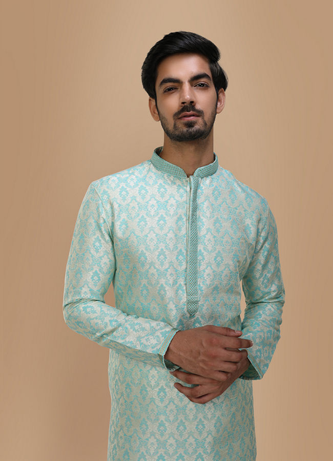 Manyawar Sky Blue Jacquard Kurta Set