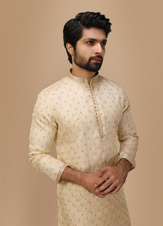 Manyawar Beige Self Motif Kurta Set