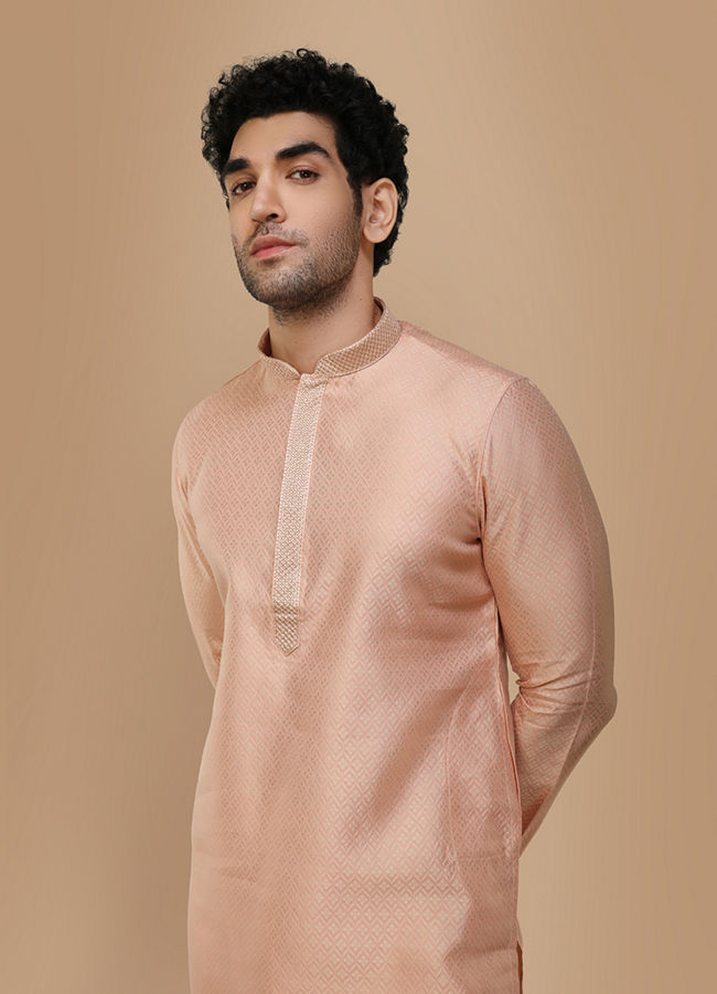 Manyawar Faded Pink Self Design Kurta Pajama