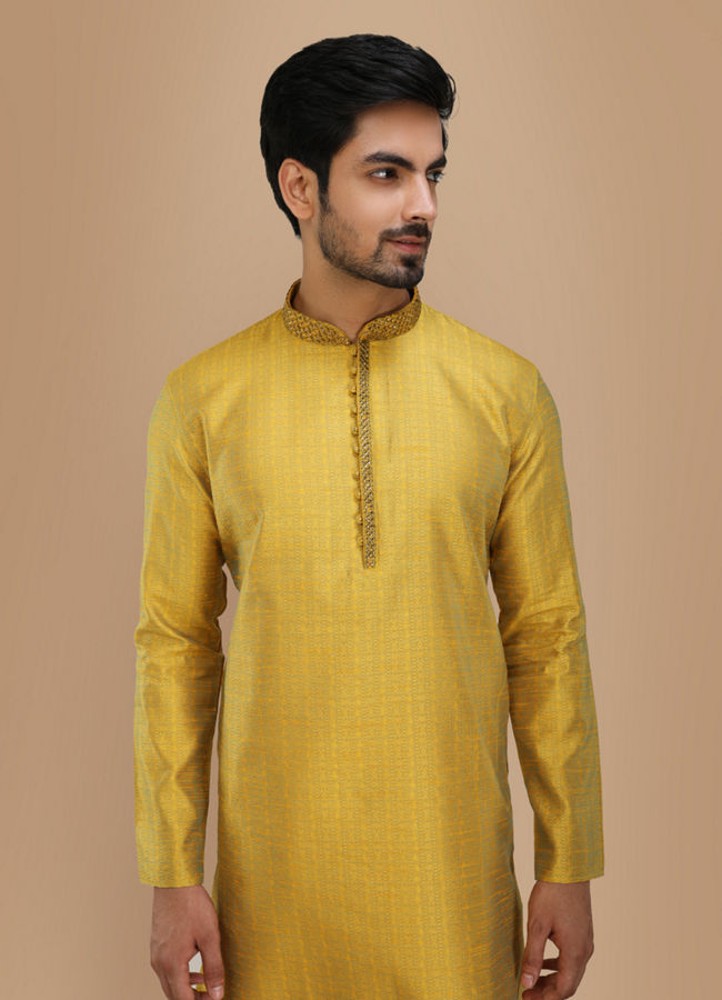 Manyawar Golden Yellow Self Design Kurta Set