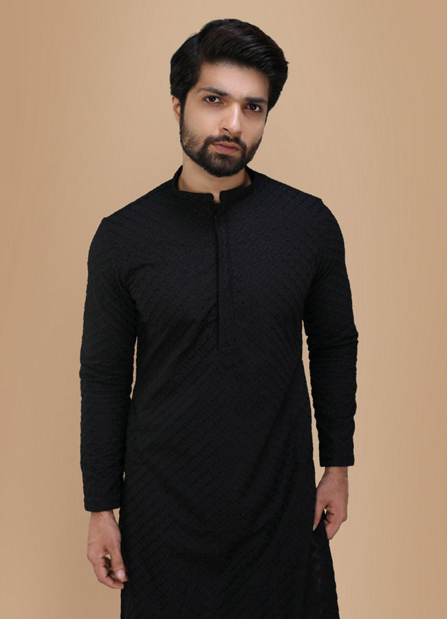 Manyawar Black Self Embroidered Kurta Set