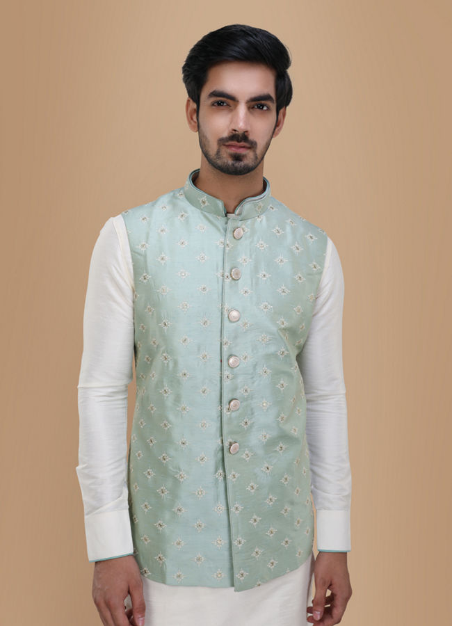 Manyawar Subtle Blue Kurta Jacket Set